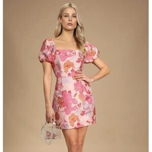 Lulus So Stunning Orange Multi Floral Jacquard Mini Dress Small